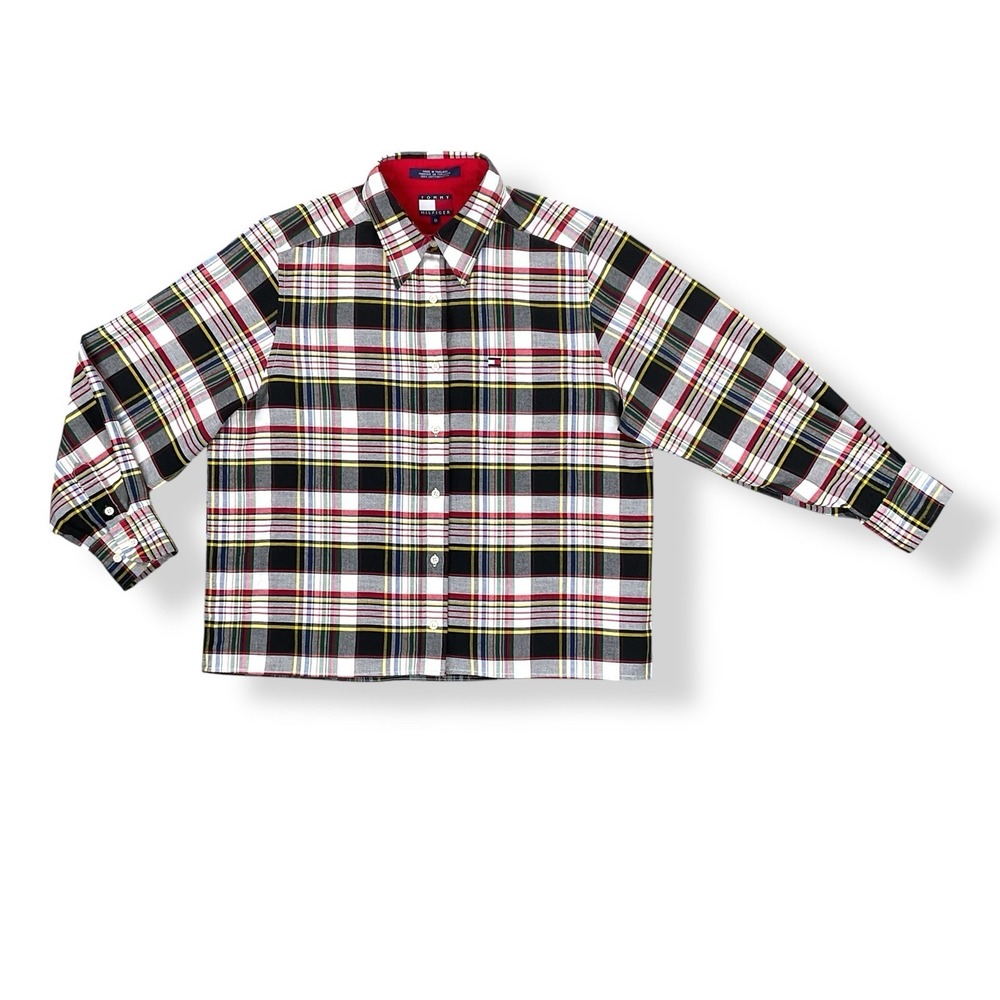 Tommy Hilfiger Shirt Women 8 Petite Black Red Plaid Button Down Long Sleeve VTG
